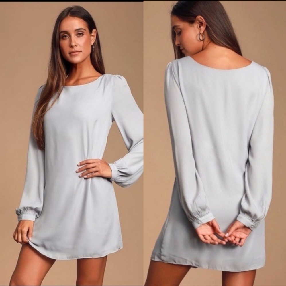 Lulus Status Update Light Grey‎ Long Puff Sleeve Shift Dress Womens Small